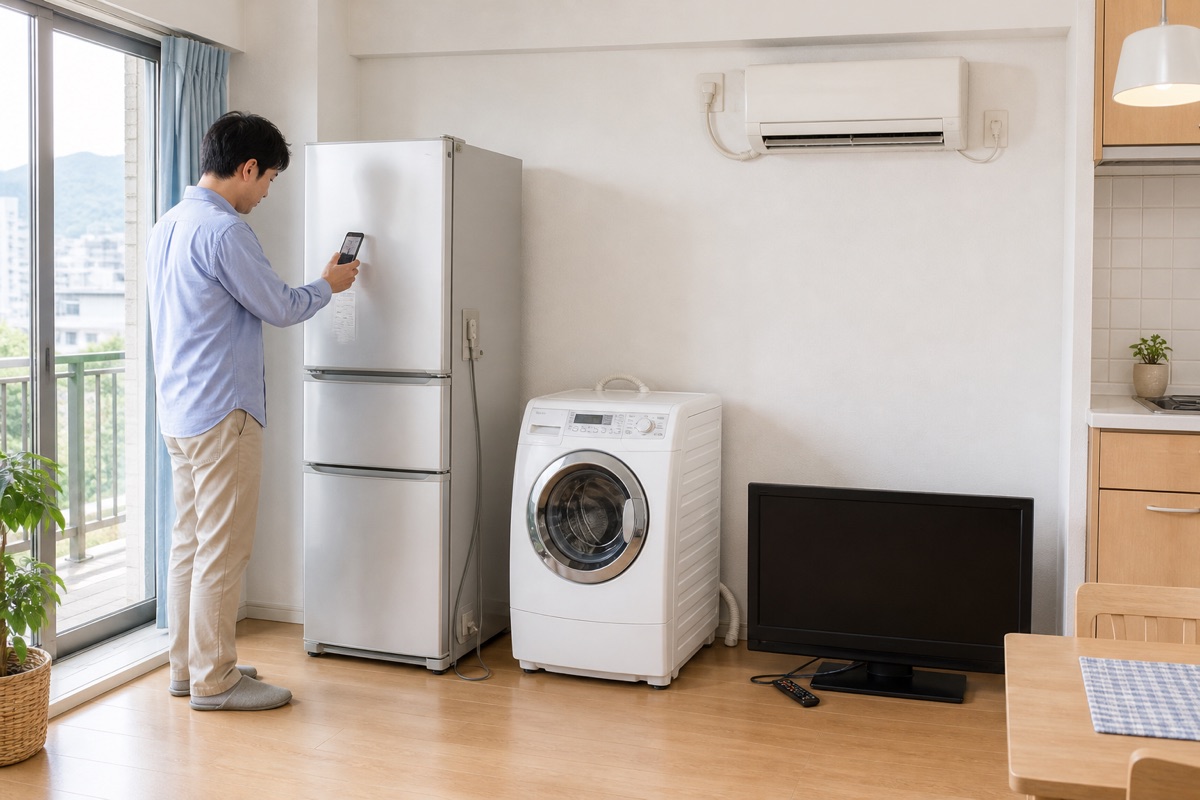 広島の住宅で冷蔵庫・洗濯機・テレビ・エアコンの型番を確認する様子
