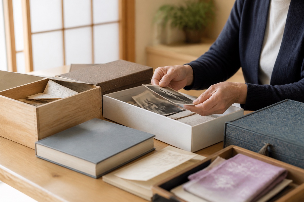 遺品整理の前に思い出の品を丁寧に仕分ける様子