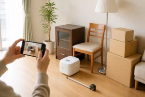 不用品回収の見積り前に家具や家電を撮影し大きさを測る様子