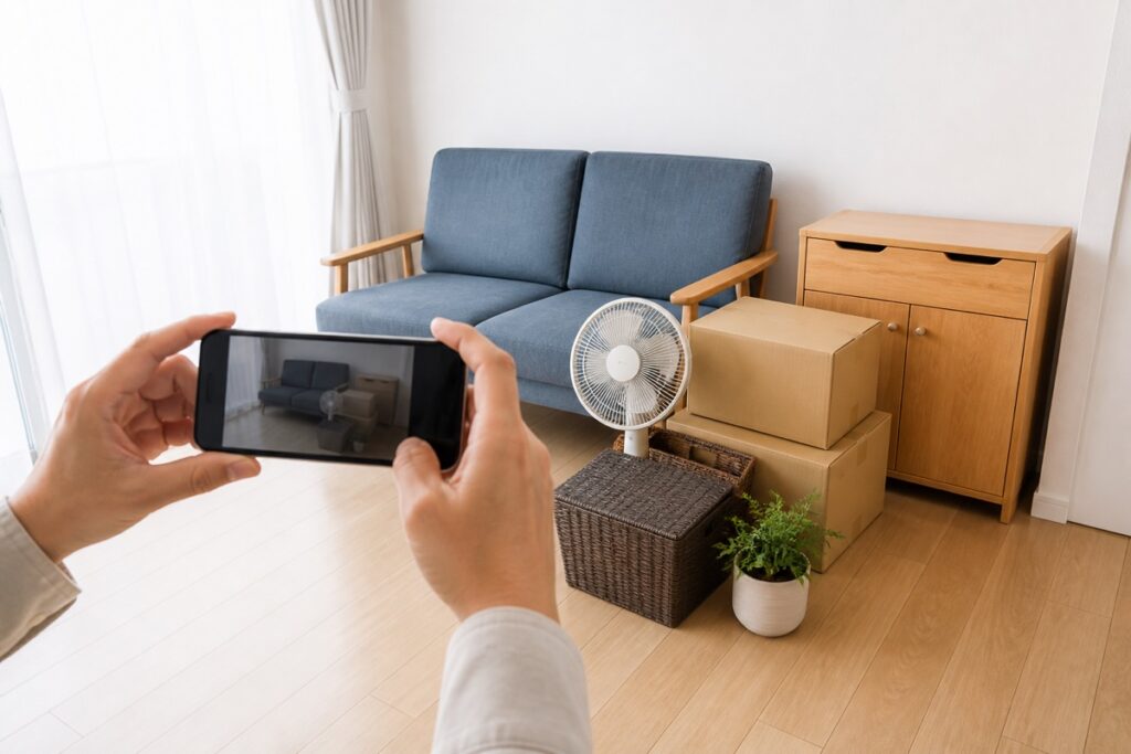 不用品回収の写真見積りで室内を撮影する様子