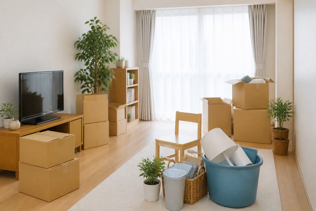 引越し前に不用品を仕分けする明るい室内