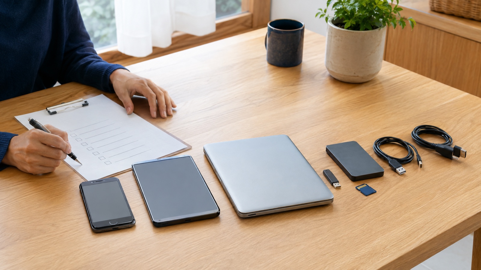 処分前のスマートフォンやパソコン、USBメモリを一覧にして確認する様子