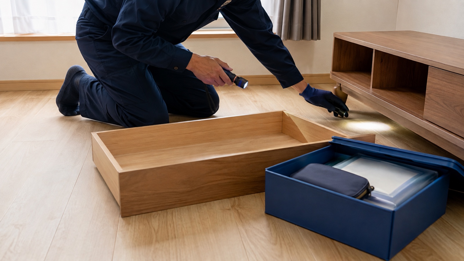 不用品搬出後に引き出しの奥と家具の下をライトで最終確認する作業員
