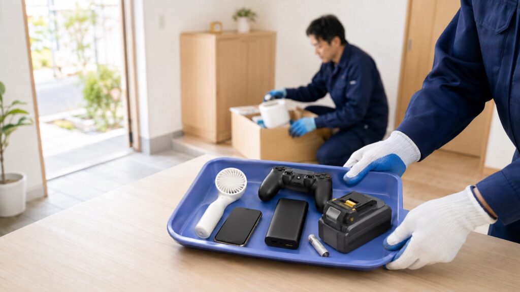 広島市の不用品回収前にモバイルバッテリーや充電式家電を青いトレーへ安全に分別する作業員