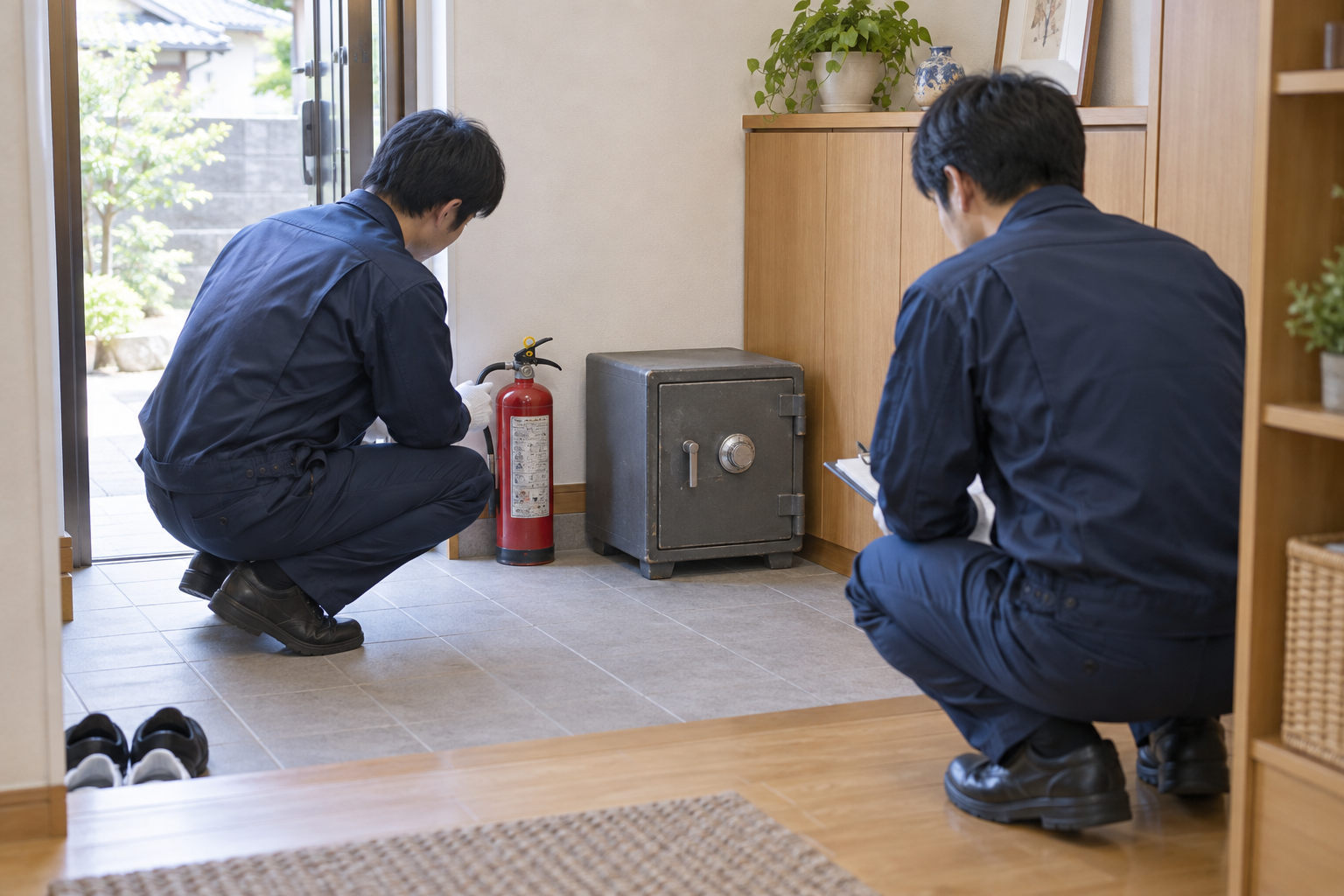 広島市の住宅で古い消火器と耐火金庫の状態を確認する片付けスタッフ