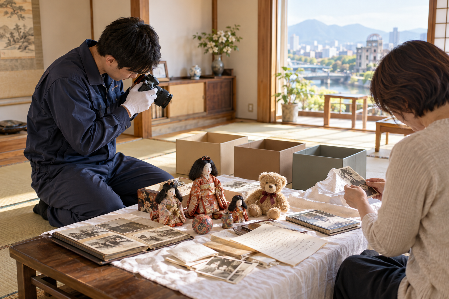広島市の和室で人形や写真などの思い出品を家族と整理する片付けスタッフ