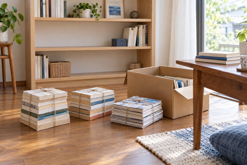 ひもでまとめた本と雑誌、仕分け用の段ボールを並べた部屋