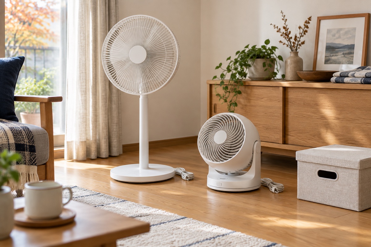 電源コードを抜いて並べた扇風機とサーキュレーター