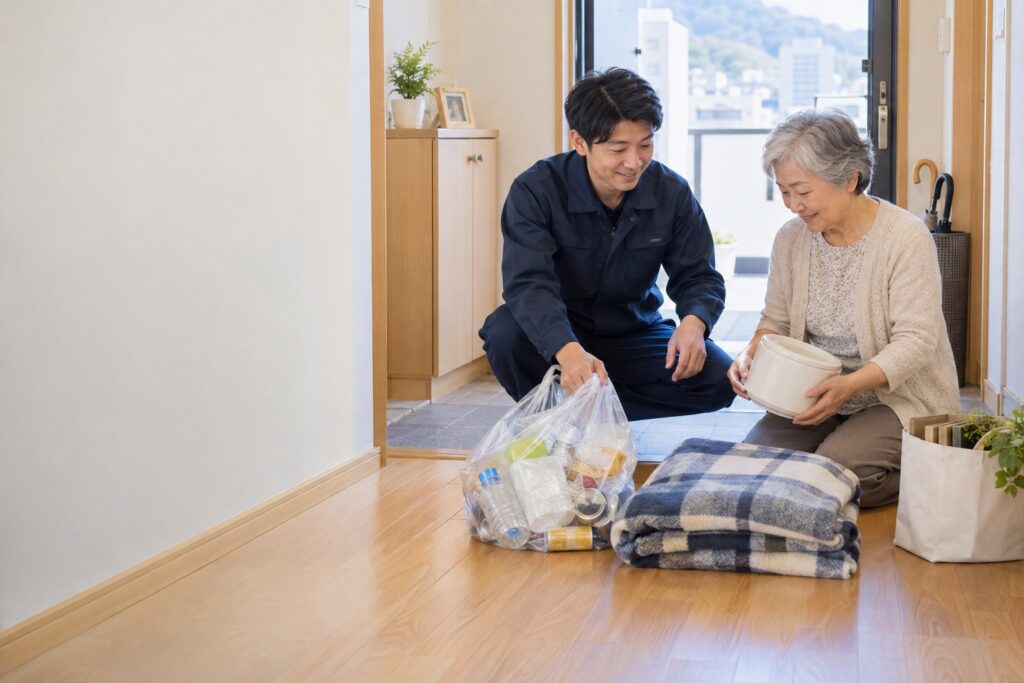 広島市の高齢者宅で家庭ごみと不用品を一緒に分別する作業員