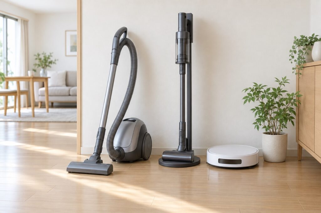室内に並べたキャニスター型・スティック型・ロボット型の掃除機（AI生成イメージ）
