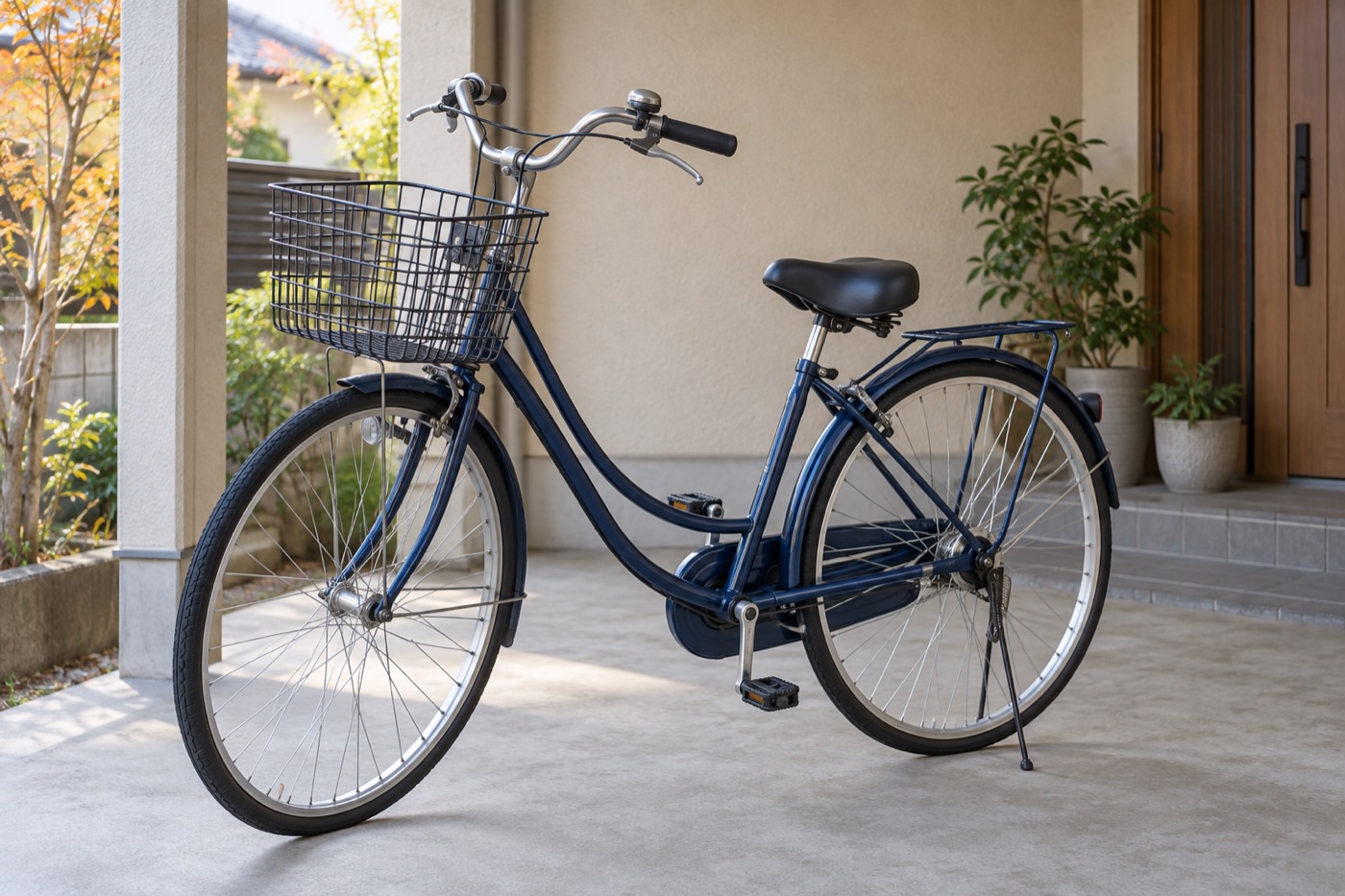 住宅の玄関脇に停めたかご付きの自転車(AI生成イメージ)