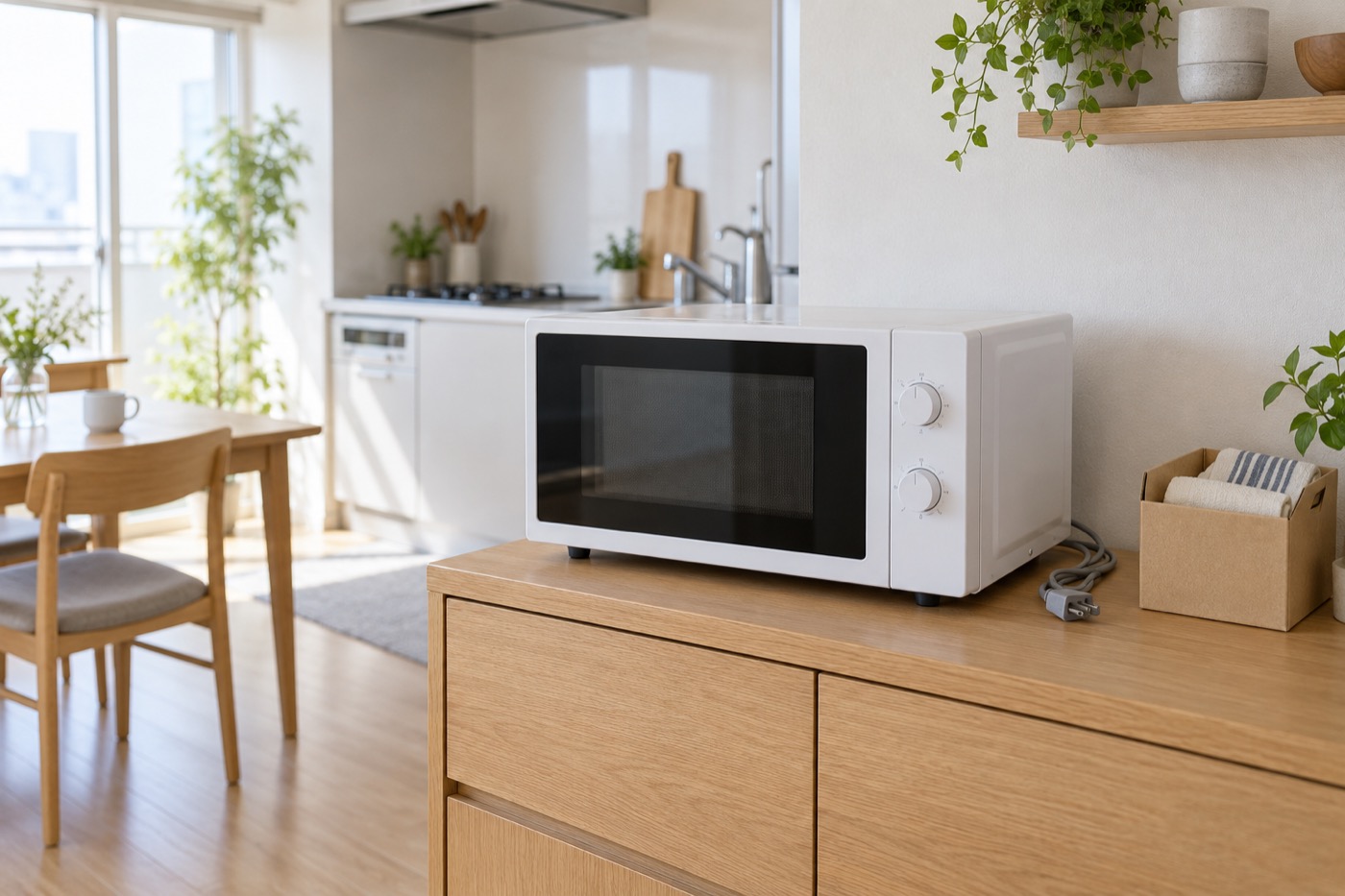 キッチンの台に置いた白い電子レンジとまとめた電源コード（AI生成イメージ）