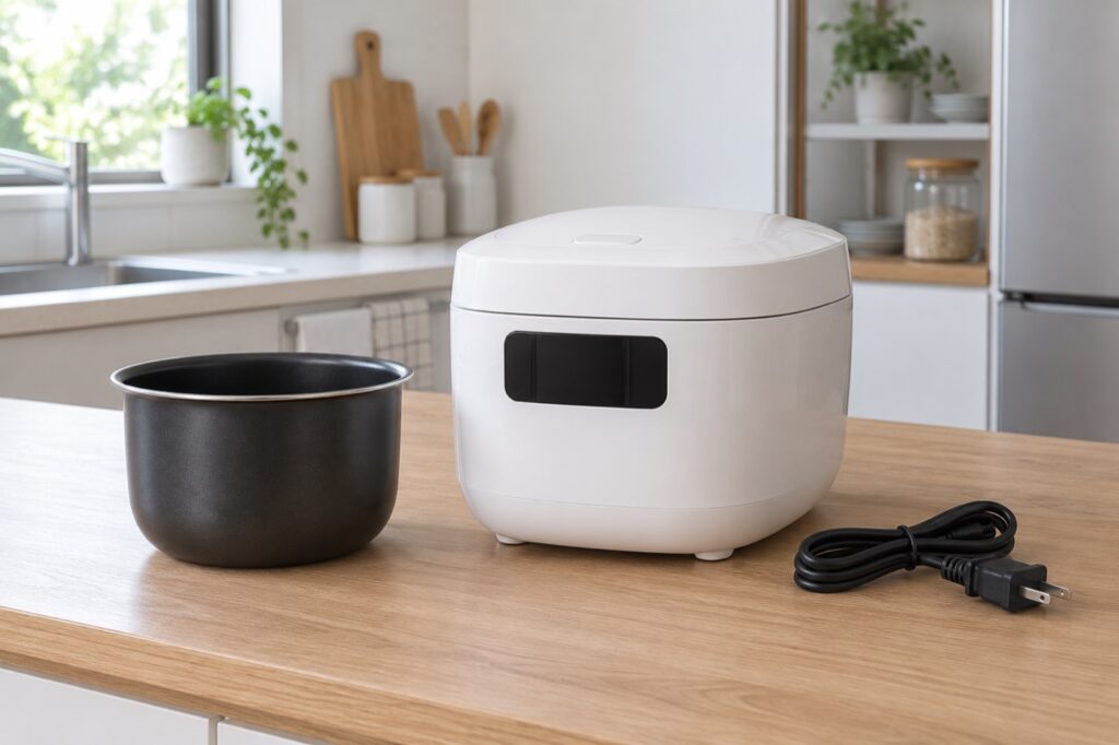 白い炊飯器と取り外した内釜、まとめた電源コード（AI生成イメージ）