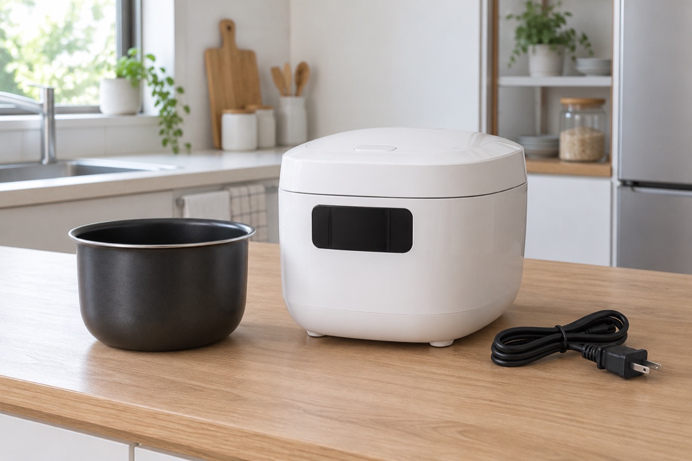白い炊飯器と取り外した内釜、まとめた電源コード（AI生成イメージ）