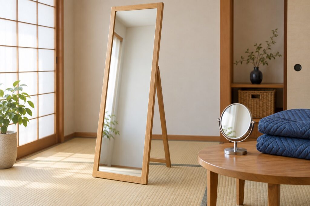 木枠の姿見と卓上鏡、運搬用の保護材を用意した室内（AI生成イメージ）