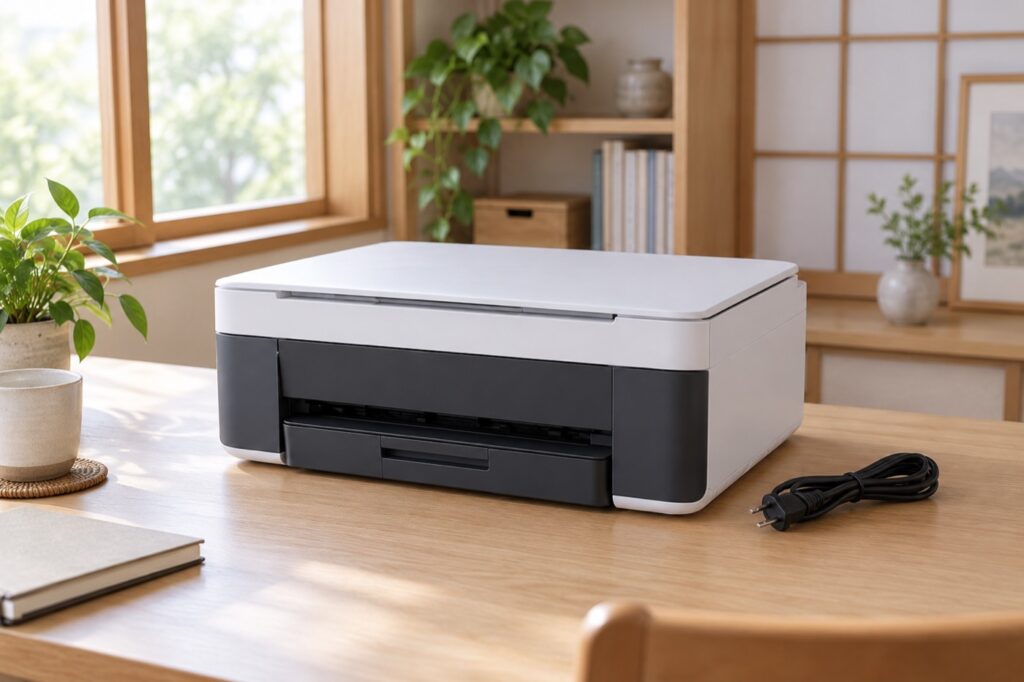 机の上の家庭用プリンターと電源コード。AIによるイメージ画像