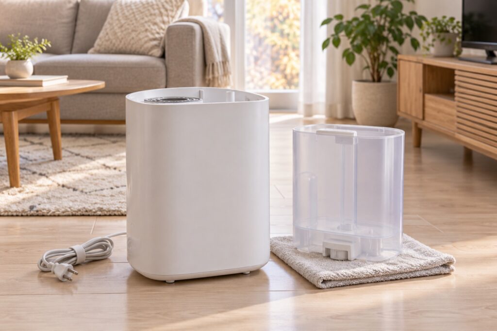 水抜きした加湿器と取り外したタンク。AIによるイメージ画像