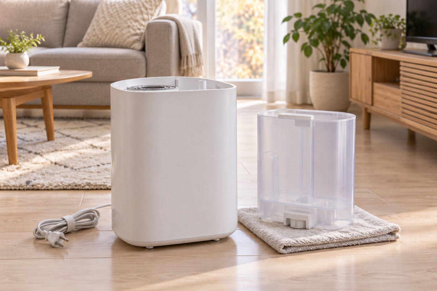 水抜きした加湿器と取り外したタンク。AIによるイメージ画像