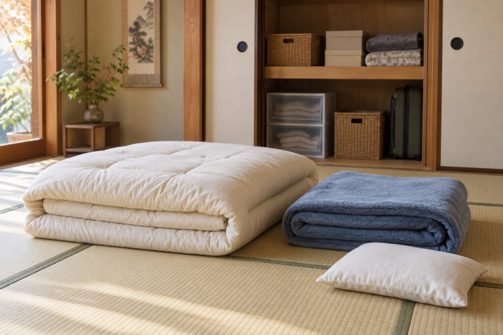 押し入れの前で種類ごとに分けた布団・毛布・枕。AIによるイメージ画像