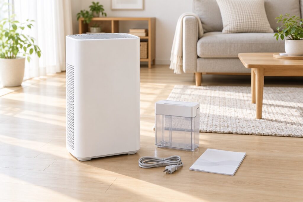 空気清浄機と空の加湿タンク、電源コードを並べた処分準備のイメージ（AI生成）