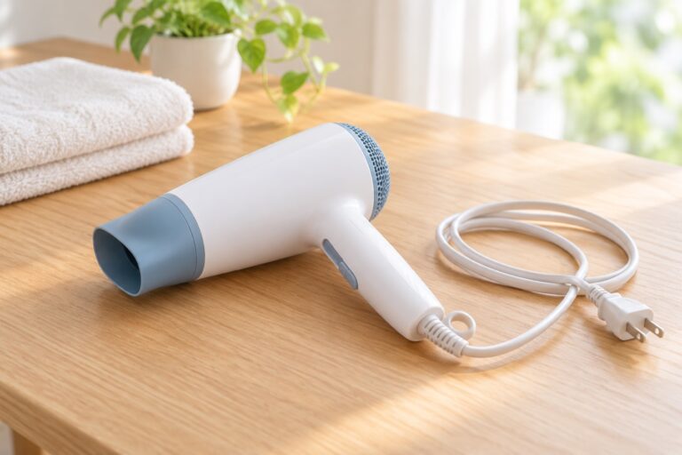 木のテーブルに置かれたドライヤーと、まとめたコード・抜いた電源プラグのイメージ
