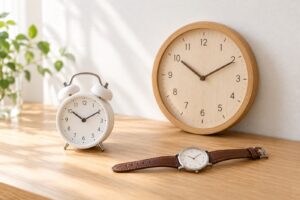 木のテーブルに並べた目覚まし時計・掛け時計・腕時計のイメージ